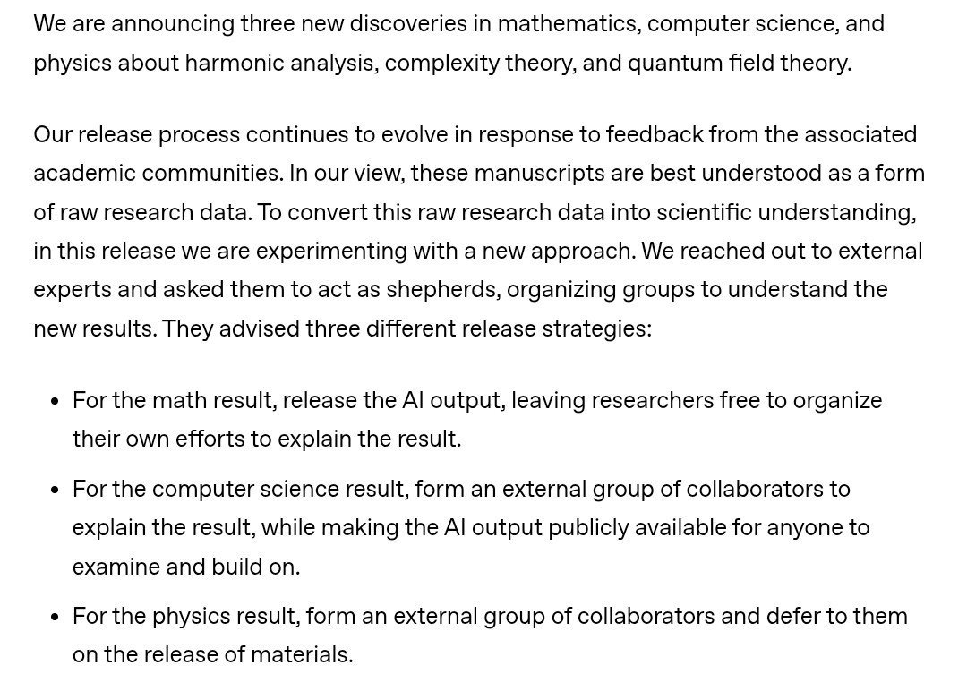 Screenshot of OpenAI's announcement text outlining three scientific discoveries in mathematics, computer science, and physics.