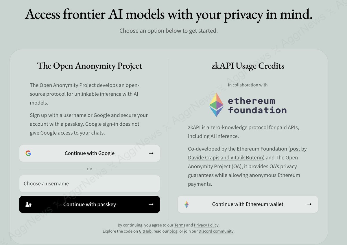 Screenshot of the Open Anonymity Project and zkAPI Usage Credits interface showing login options and Ethereum Foundation collaboration details.