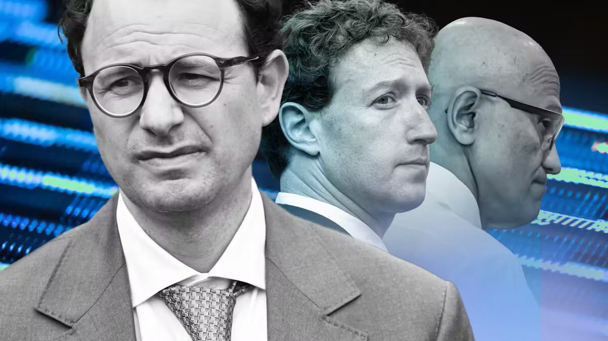 Composite portrait featuring Anthropic CEO Dario Amodei, Meta CEO Mark Zuckerberg, and Microsoft CEO Satya Nadella.