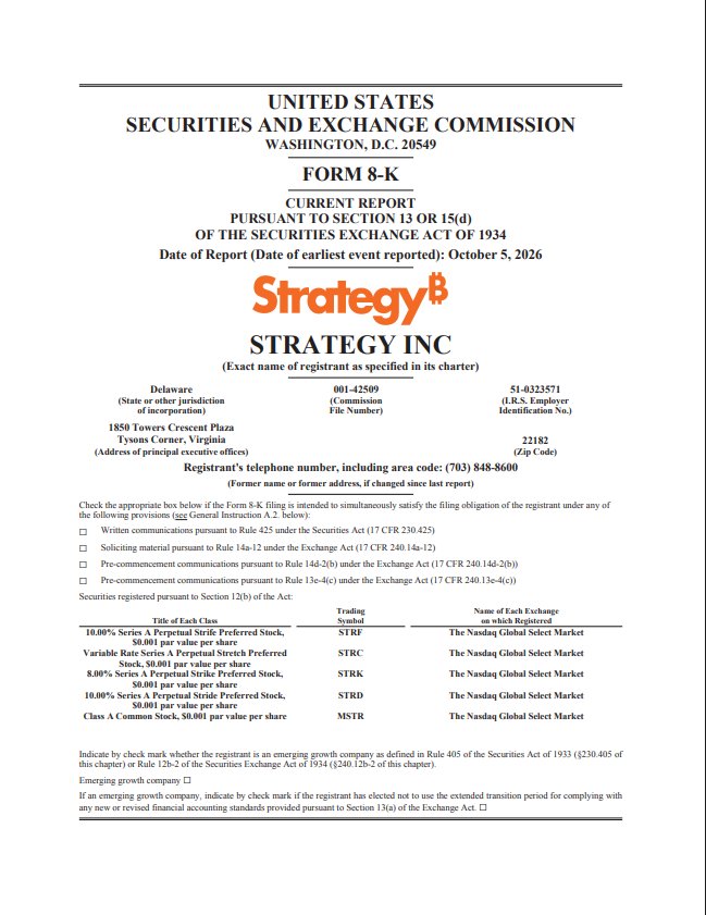 Strategy Inc. SEC Form 8-K current report filing dated October 5, 2026.
